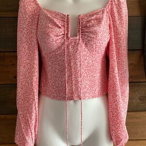 Abercrombie & Fitch Pink Ruched Tie Front Long Sleeve Blouse